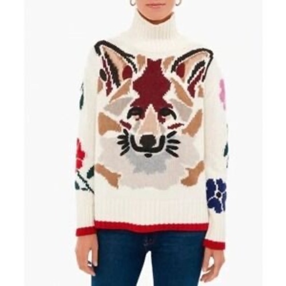 Tuckernuck Fox Intarsia Turtleneck Sweater Size Small Cream Ivory Abstract